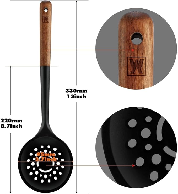 Silicon Cooking Skimmer Ladle with Wooden Handle: Slotted Cooking Spoon for Deep Frying Food, Food Separator, Heat Resistant, BPA Free, Gentle Head Design for Non-Stick Cookware