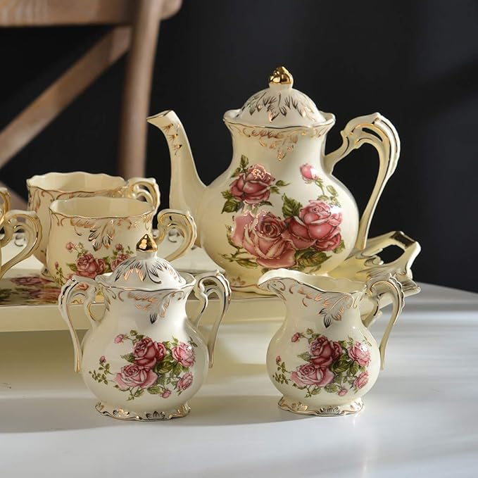 YOLIFE Ceramic Sugar and Creamer Set, Vintage Porlcelain Pitcher Creamer Sugar Bowl with Lid, Pink Rose Floarl Golden Leaves Edge