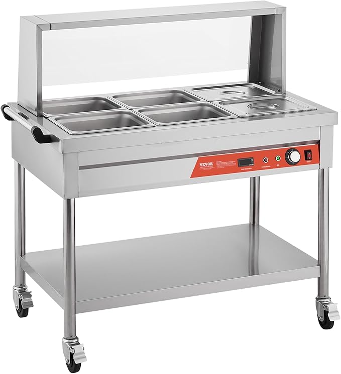 VEVOR 6-Pan Commercial Food Warmer, 6 x 1/2 Pans Electric Steam Table, 1500W Professional Buffet Catering Food Warmer with Shield Undershelf Wheels, Stainless Steel Server for Party Restaurant