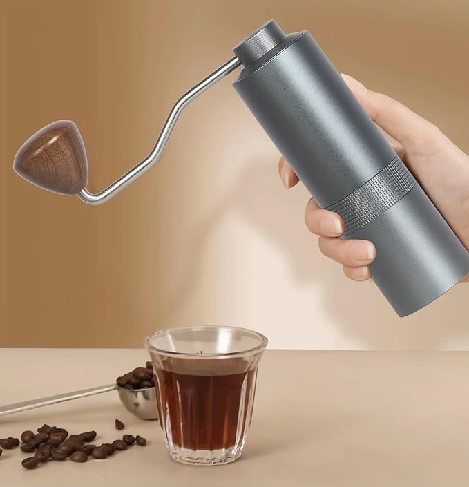 Manual Coffee Grinder - Precision CNC Stainless Steel Burr Grinder with Adjustable Settings, Grey Blue, Double Bearings for Smooth Grinding - Ideal for Home, Office, and Camping Espresso Enthusiasts