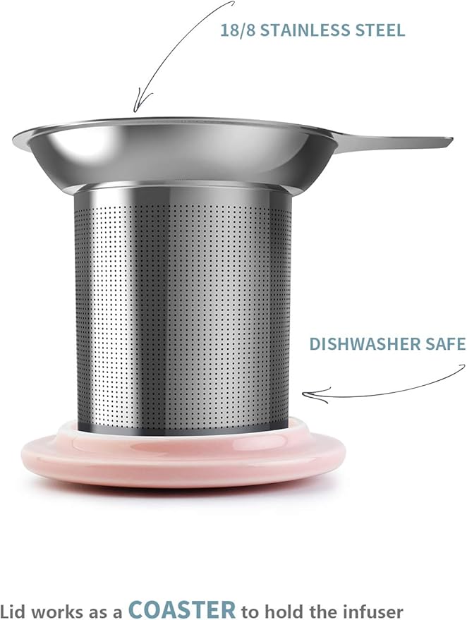 Sweese 20 OZ Porcelain Tea Mug with Infuser and Lid, Loose Leaf Tea Cup, Gifts for Tea Lover - Pink