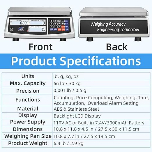 Industrial Counting Scale Digital Inventory Scale for Small Parts Coins Jewelry Piece, 66lb/30kg Electronic Bench Scale Gram Scale with Battery AC Power Backlight LCD Display, lb/g/kg/oz, 0.001lb/0.5g