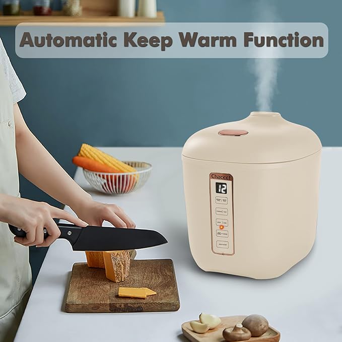 CHACEEF Mini Rice Cooker 2 Cups Uncooked, 1.2L Rice Cooker Small, Portable Non-Stick Small Travel Rice Maker, BPA Free, Smart Control Multifunction Cooker with 24 Hours Timer Delay & Keep Warm Function, Beige