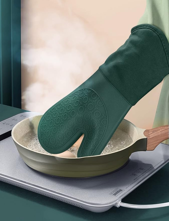 sungwoo Silicone Oven Mitts, Heat Resistant Oven Gloves with Quilted Liner Non-Slip Textured Grip Perfect for BBQ, Baking, Cooking and Grilling - 1 Pair 13.8 Inch Midnight Green