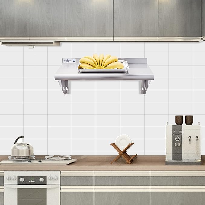 Profeeshaw NSF Stainless Steel Shelf 12” x 24”, 230 lb Commercial Shelves Wall Mounted Metal Shelving with Backsplash and 2 Brackets for Restaurant, Bar, Utility Room, Kitchen and Garage