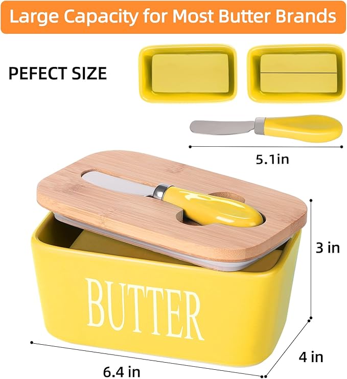 Ceramic Butter Dish with Wooden Lid, Large Butters Container Keeper Storage with Stainless Steel Knife Spreader, Bamboo Cover and Silicone Sealing Ring for West East Coast, Yellow