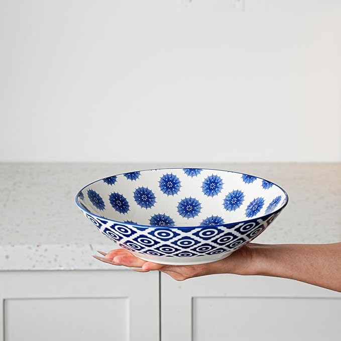 Ceramic Pasta Bowls Set - 40 Oz Porcelain Large Salad Bowls Serving - 9 Inch Wide Shallow Plate Bowls for Eating - Housewarming Wedding Gift - Oven Dishwasher Safe - Set of 6 - Vintage Blue