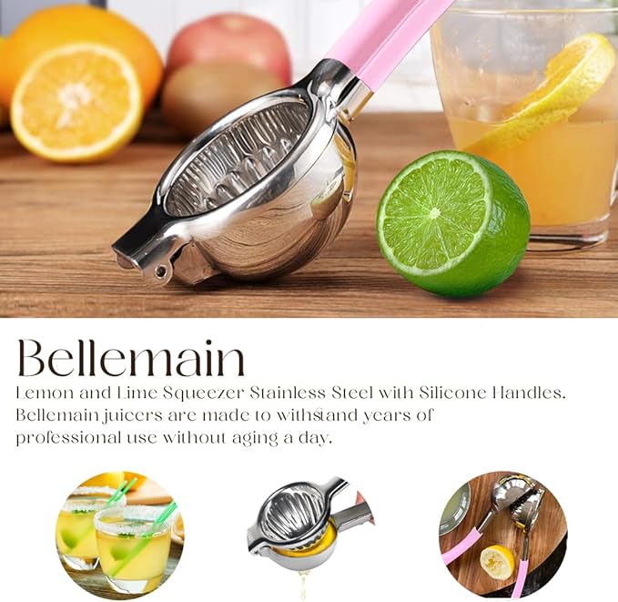 Bellemain Citrus Juicer | Metal Lemon Squeezer | Lime and Lemon Juicer Stainless Steel with Silicone Handles | Manual Juicer, Citrus Squeezer, Hand Held Juicer | Bar Juicer for Bartender (Pink)