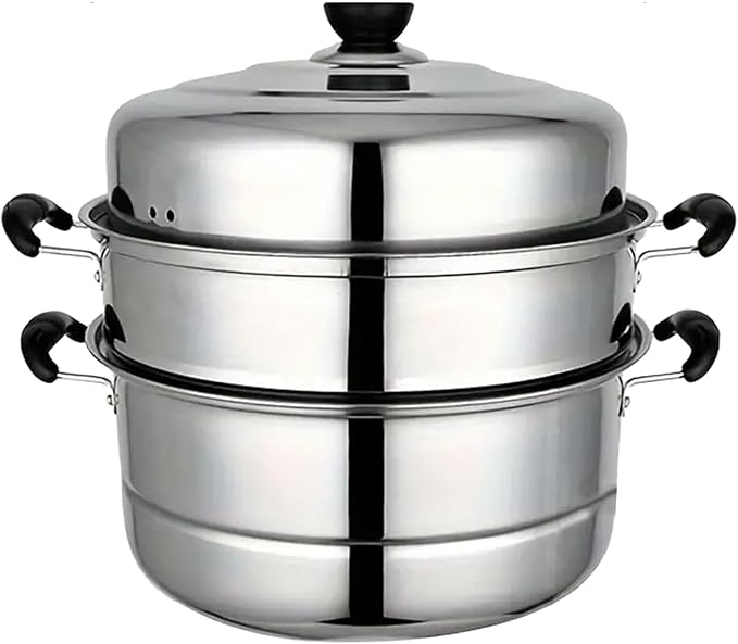 Steamer Pot for Cooking,18/8 Stainless Steel Steamer Pot,11 inch Steam Pots with Lid 2-tier for Cooking Veggies Fish Seafood Noodles, Pasta, Food