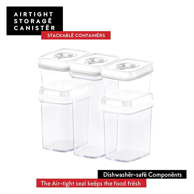 DWËLLZA KITCHEN Airtight Food Storage Containers with Lids - 5 Piece Set - Kitchen Accessories - Pantry Organization and Storage Containers for Food - Clear BPA-Free - Keeps Food Fresh & Dry