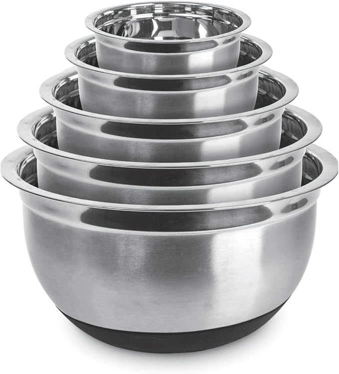 Avador Premium Stainless Steel Mixing Bowls with Lids Non-Slip, Set of 5 Mixing Bowl Set with Silicone Base, Space Saving, Great for Cooking, Baking, Prepping (0.25qt, 1qt, 1.5qt, 3qt, 5qt)