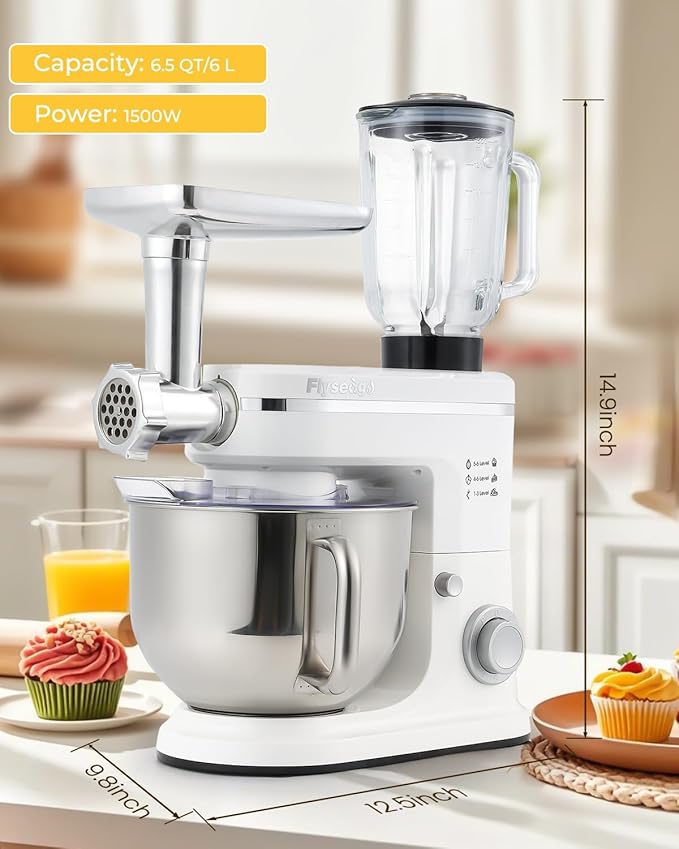 Stand Mixer 7-IN-1 1500W 6.5 QT Multifunctional Electric Kitchen Mixer 6+P Speed Tilt-Head with Stainless Steel Bowl&Handle, 1.5L Glass Jar, Meat Grinder, Dough Hook, Whisk, Pasta Attachments