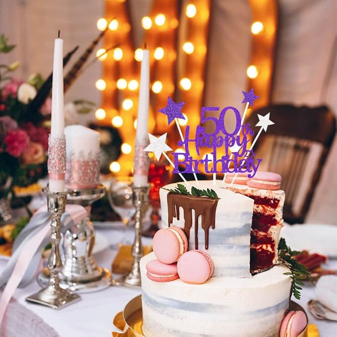 Glittery 50th Happy Birthday Cake Topper with Star,Personalised 50 Birthday Cake Toppers Party Decorations Party Supplies for Men Women Purple Silver
