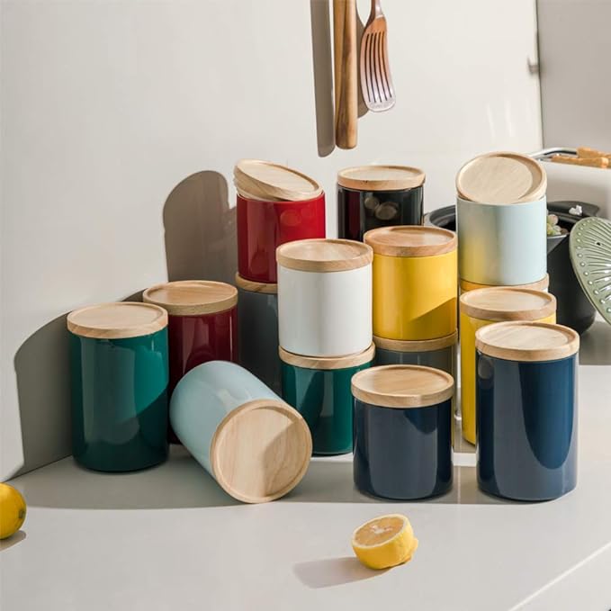 Sweejar Kitchen Canisters Ceramic Food Storage Jar, Stackable Containers with Airtight Seal Wooden Lid for Serving Ground Coffee, Tea, Sugar, Salt and More - 28 Fl Oz (Black)