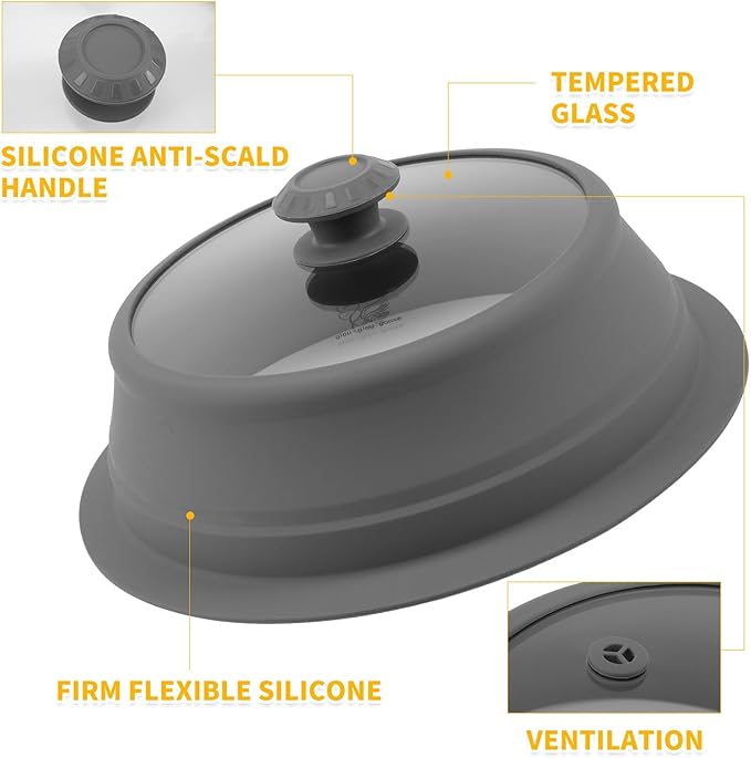 Collapsible Microwave Splatter Lid with Vented Tempered Glass Cover Wok Lid for Microwave Safe, Stockpot Steamer Pot Pan 11-12.5 inch Universal Multifunction Silicone Cover