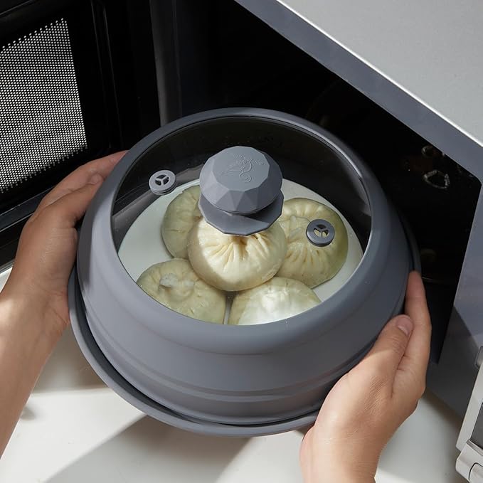 Microwave Splatter Silicone Cover Collapsible, Vented Multifunction Splash Lid with Glass Dish Bowl Plate for Food Cooking Bacon Maker, Dishwasher Safe BPA-Free 9 inch Cookware Set Grey