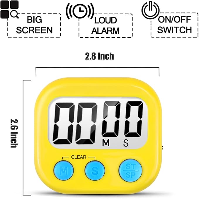 2 Pack Digital Kitchen Timer for Cooking Big Digits Loud Alarm Magnetic Backing Stand Cooking Timers for Baking Yellow