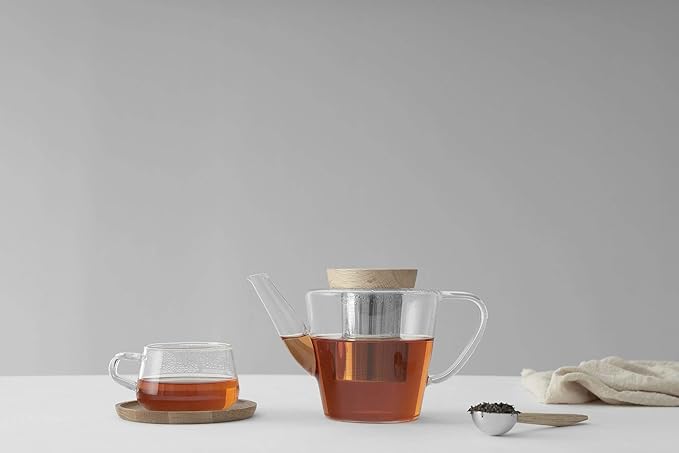 Viva Infusion Borosilicate Glass Tea Pot for Stovetop with Loose Leaf Tea Infuser Mesh - 34 ounce/1 Liter - Modern Teapot Features Bamboo Wood Lid, Tea Maker for Blooming