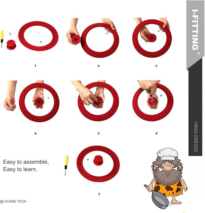 Universal Lid for Pot,Pan,Skillet Fits 6.5",7",8" Cookware Silicon lid Dishwasher Safe, Replacement Lid Vented Tempered Glass with Heat Resistant Silicone Rim By HR Huare Technology, Red,1 Pack