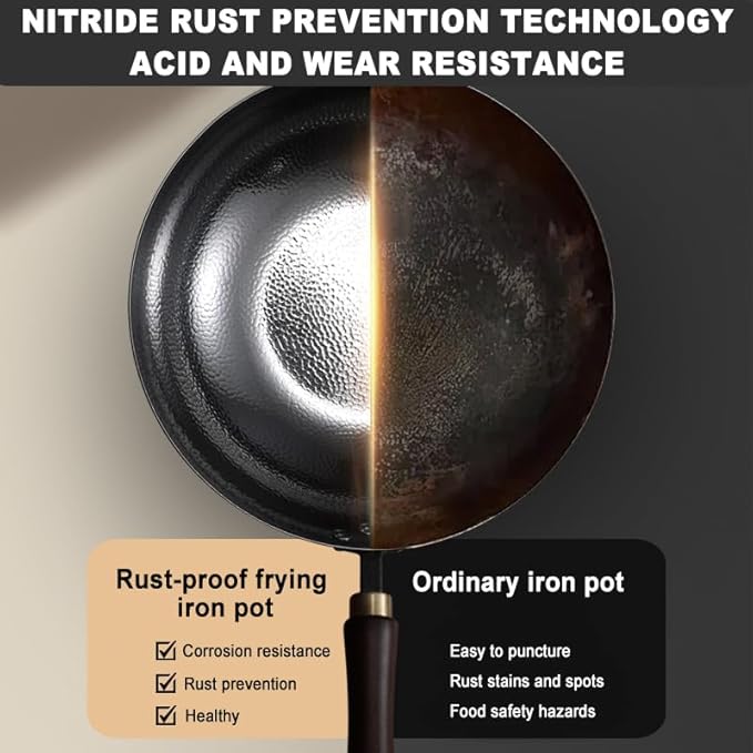 Carbon Steel Pan, 13.5″ Woks & Stir-Fry Pans with Wooden Lid Cookwares, Nonstick Wok, No Chemical Coated Flat Bottom Hand Hammered Chinese Wok For Gas