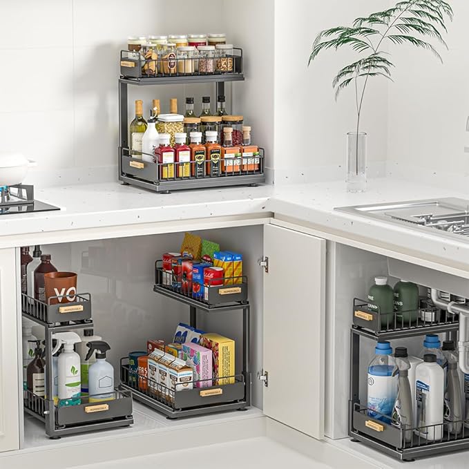 Under Sink Organizer, Pull Out Kitchen Cabinet Organizer, 2-Tier Metal Under Sink Organizers and Storage Height-Adjustable, Kitchen Bathroom Organizers and Storage Shelves, Black