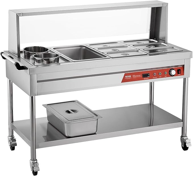 VEVOR Commercial Food Warmer, 7 Pans + 2 Pots Electric Steam Table, 1800W Professional Buffet Catering Food Warmer with Shield Undershelf Wheels, Stainless Steel Server for Party Restaurant Hotel