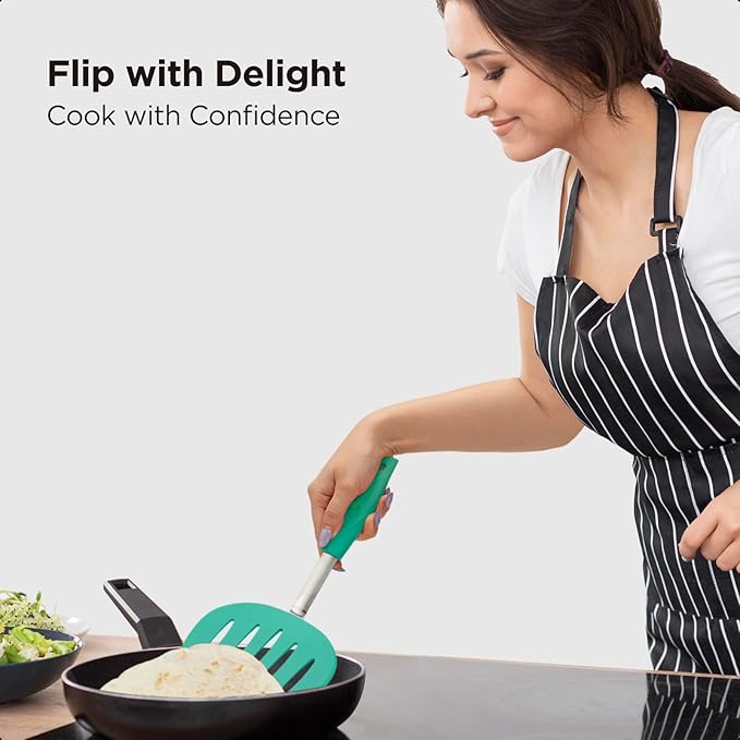 Kitchen Mama WaltzGrip Platinum Silicone Pancake Spatula Turner: Heat Resistant Flexible, Stainless Steel Core, Nonstick, Dishwasher Safe, Flipper – Ideal Kitchen Cookware for Eggs, Fish, Meat (Teal)