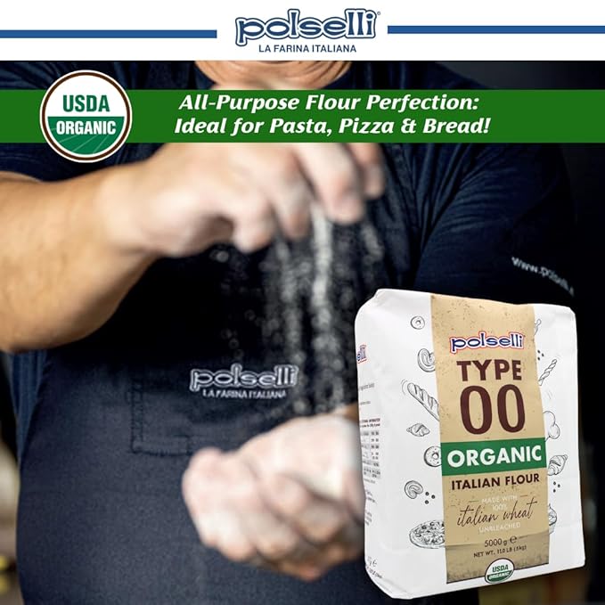 POLSELLI Organic Flour, Type 00, 100% Italian Grain, Double Zero Flour, OO Extra Fine, BIO, Neapolitan Italian Pizza, Bread, Pasta, All Natural, Unbleached, All-Purpose Flour, Unbromated, No Additives