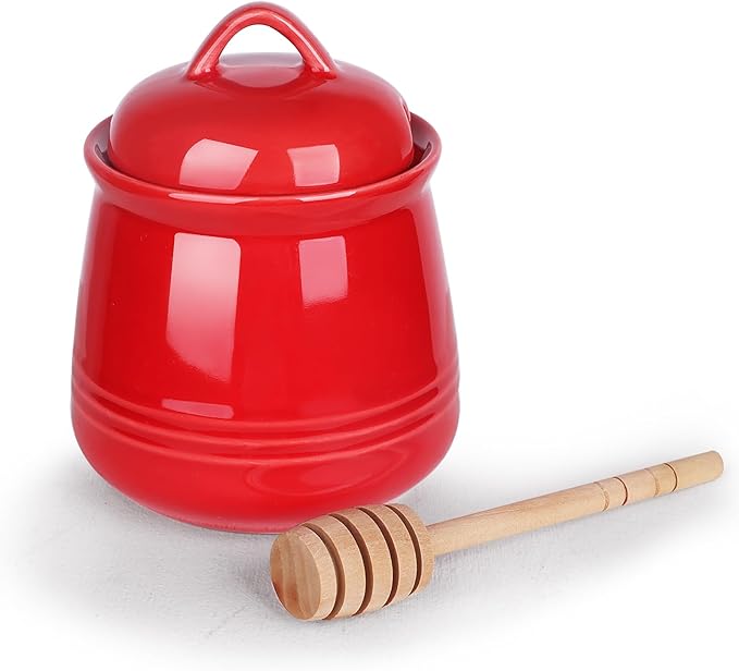 HAOTOP Ceramic Honey pot with Lid and Honey Dipper,Porcelain Honey Jar Easy to Clean and Dishwasher Safe,12oz (Red)