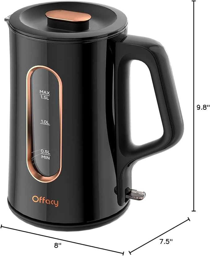 OFFACY Electric Kettle, Double Wall Glass Inner, Hot Water Boiler Heater Pot, 1.5-Liter, 1200 Watts for Fast Boiling, 53oz BPA Free, Glossy Black