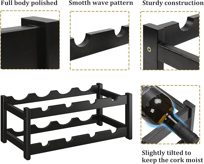 BAMEOS Wine Rack Freestanding 8 Bottle 2 Tier Bamboo Wine Racks Countertop Cabinet Wine Holder Wine Storage Shelf for Kitchen, Bar, Pantry, Wine Cellar, Countertop Black (16.85 L x 9.25W x 7H)