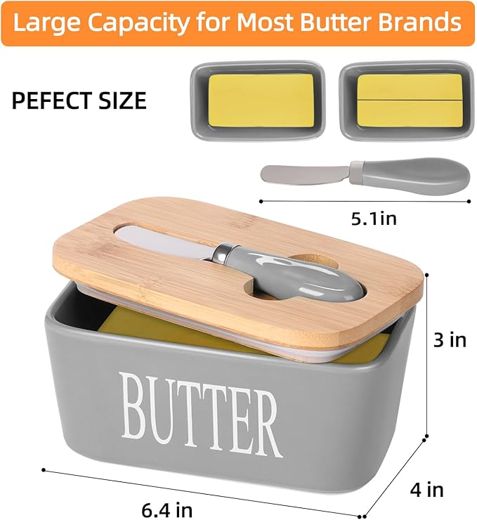 Ceramic Butter Dish with Wooden Lid, Large Butters Container Keeper Storage with Stainless Steel Knife Spreader, Bamboo Cover and Silicone Sealing Ring for West East Coast, Grey