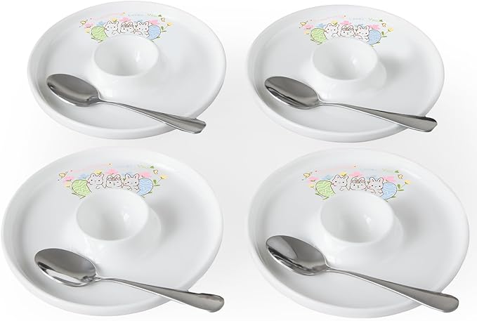 Cinf EggHolder & Spoon Set 4 Ceramic Egg Holders + 4 SS Spoons Breakfast Plate Easter Rabbit 5.5'' Food Container Egg Tray Dinner Serving for Hard Boiled Eggs, Easter & Deserts Kitchen