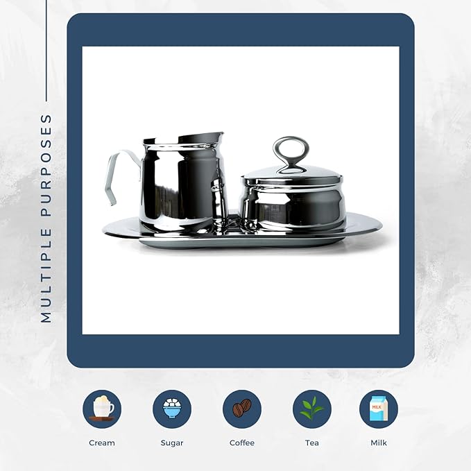 Regent OVATION Stainless Steel Sugar and Creamer Set on Tray Creamer and Sugar Bowl Set Stainless Steel Latte Milk Cup Cream Jug and Sugar Bowl Tray for Coffee Serving Set Frothing Milk
