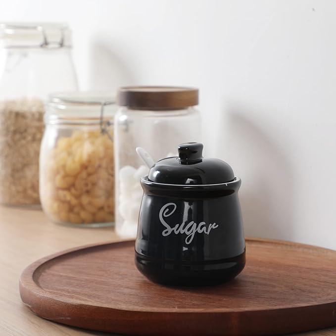 HAOTOP Farmhouse Porcelain Sugar Bowl with Lid and Spoon 12oz,Easy to Clean (Black)