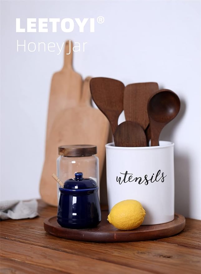 LEETOYI Porcelain Honey Jar with Lid and Dipper,Ceramic Honey pot,12oz (Navy)