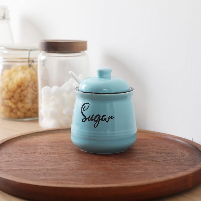 HAOTOP Farmhouse Porcelain Sugar Bowl with Lid and Spoon 12oz,Easy to Clean (Turquoise)