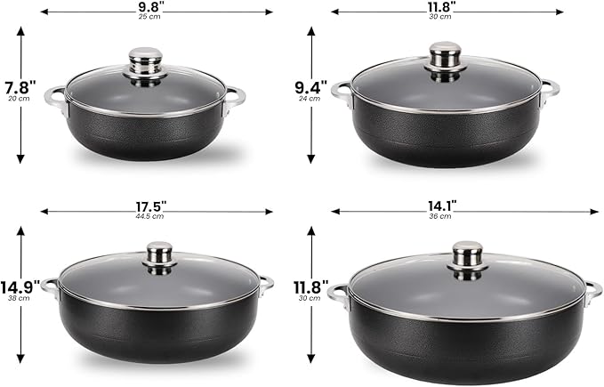 Alpine Cuisine 8-Piece Nonstick Aluminum Caldero Cookware Set with Glass Lids | Durable Pots for Stew & Rice, Easy Clean, 2, 3.5, 7, 13 Quart, Black