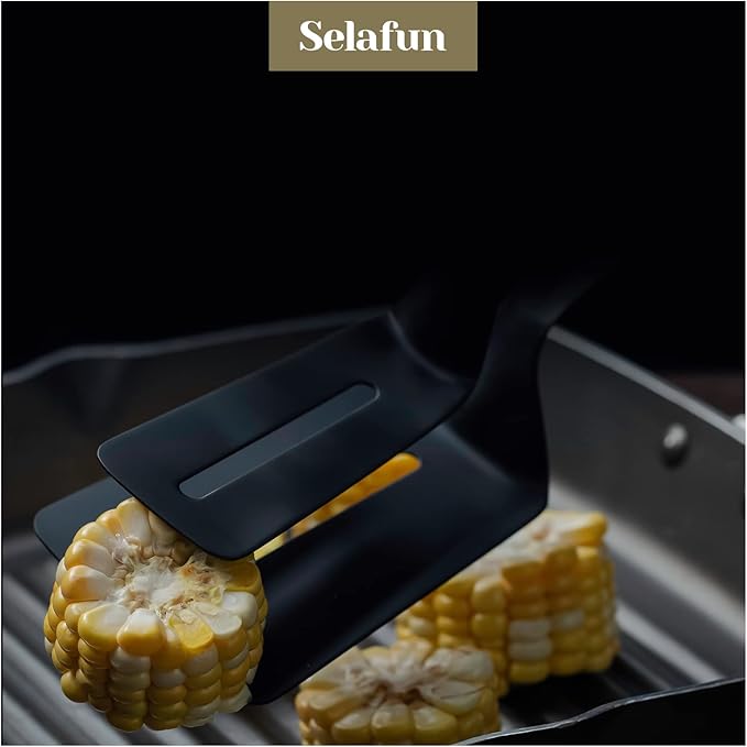 Kitchen Tongs Steak Clamp Bread Tongs 10 inch Double Spatula Tongs Clip Pizza Clamp Stainless Slotted Multi-Function Food Flipping for Bread Eggs BBQ Hamburgers Patties Pancakes (1, Matte Black)