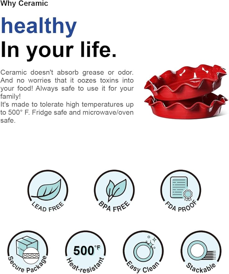 LE TAUCI Ceramic Pie Pans for Baking, 11 Inches Deep Dish Pie Plate for Apple Pie, 48 Ounce Baking Dish with Ruffled Edge, Set of 2, Red