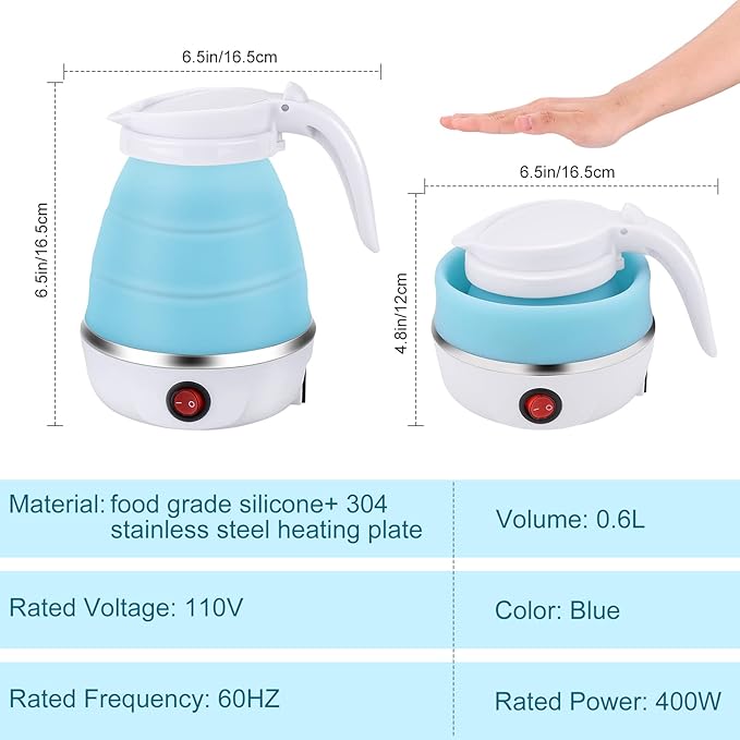 Portable Electric Kettle Travel Size, 600ML Small Foldable Tea Coffee Kettle with Collapsible Bowl and Cups, 5 Min Fast Water Boiling, BPA Free Food Grade Silicone, 110V 400W