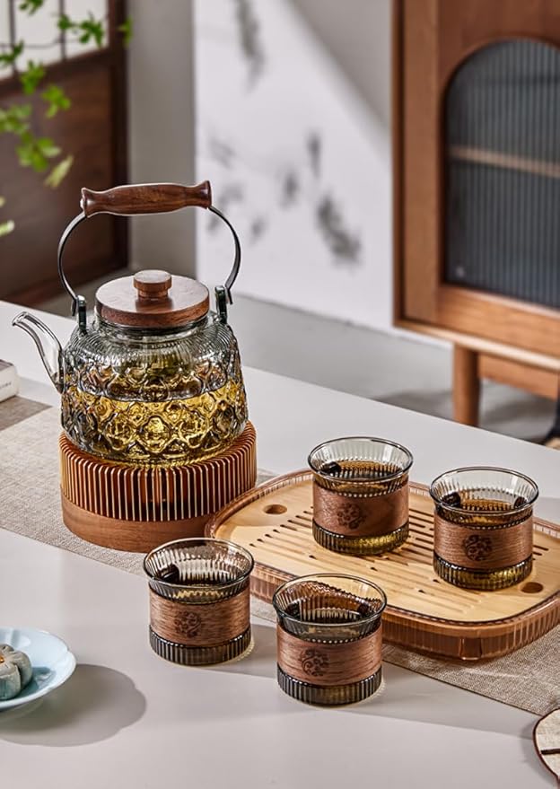 IwaiLoft Stovetop Safe Glass Teapot with Malus Spectabilis Pattern Removable Infuser Fine Borosilicate Tea Pot perfect for Fruit Flowering Tea Canister Premium Quality Tea Kettle Gift(Gray)