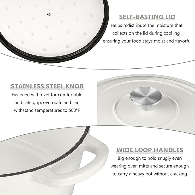 E-far 6 Quart Dutch Oven, Enameled Cast Iron Dutch Oven Pot with Lid, Nonstick Round Cookware for Braising/Stews/Roasting/Bread Baking/Cooking, Heavy Duty, Induction & Oven Safe - White