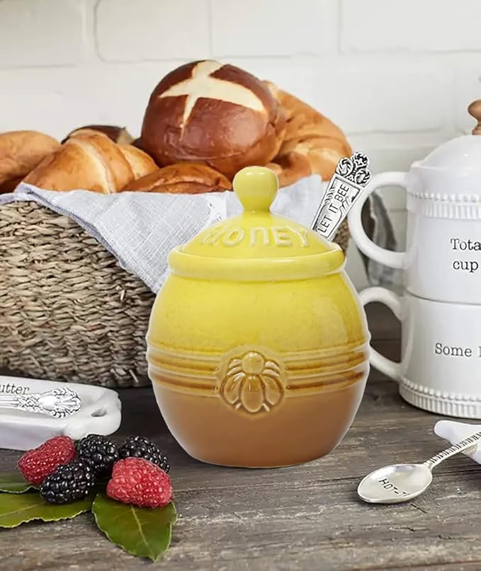 12oz Ceramic Honey Jar with Wooden Dipper Stick-Honey Pot with Dipper, Yellow Honey Dispenser, Farmhouse Kitchen Great Bee Decor, Porcelain Honey Jar Easy to Clean for Mother's Day Wife Gift