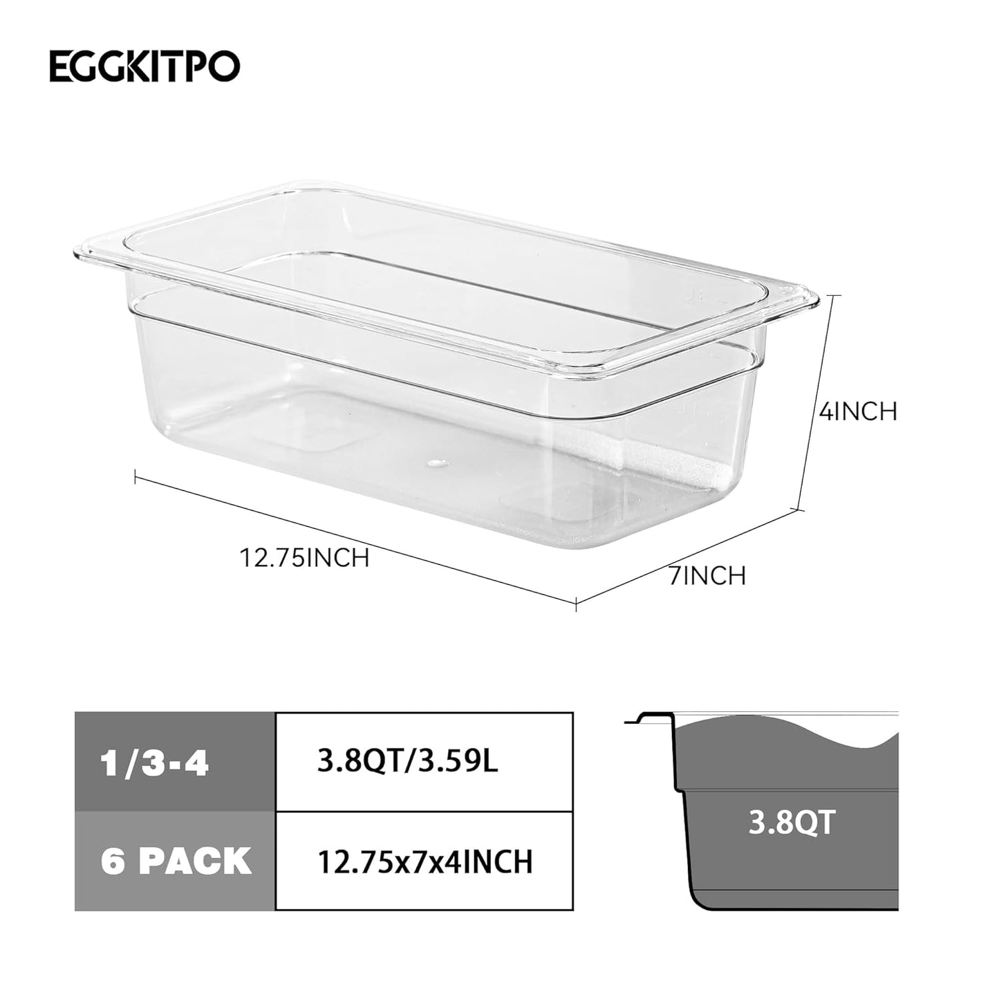 6-Pack 1/3 Size Food Pan 4 Inch Deep BPA Free Polycarbonate Food Storage Containers for Kitchen Stackable Clear Hotel Pan for Buffet Party Supplies Freezer Safe