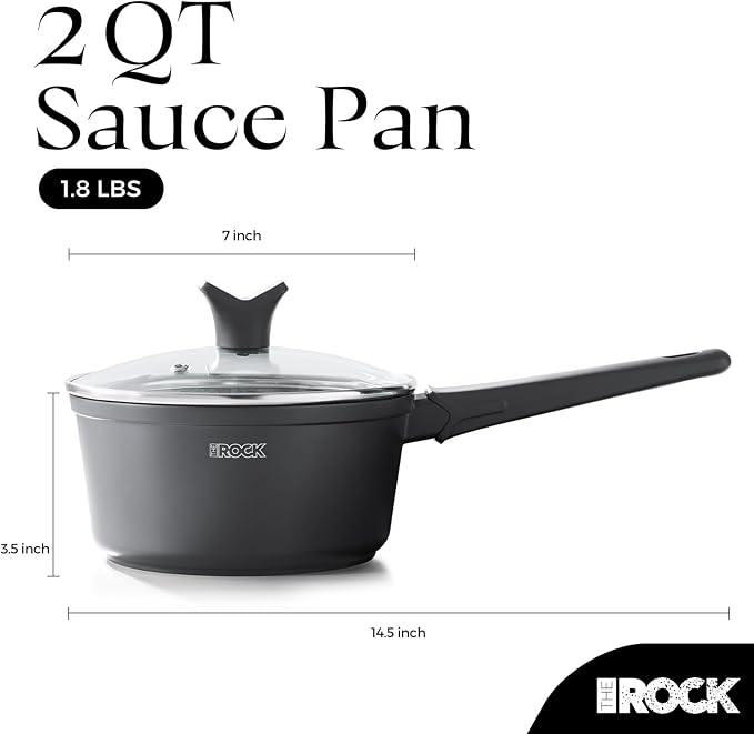 THE ROCK SOHO Nonstick Saucepan with Lid, 2 Quarts Small Pot with PPG Quantum2 Coating – Durable for Urban Kitchens, Nothing Sticks, Never Warps, Lasts Longer, Induction Compatible, PFOA-Free, Black