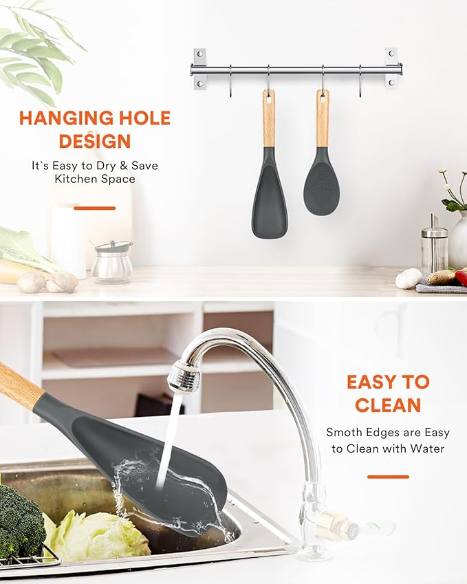 Cooking Spoon and Rice Scooper for Nonstick Cookwares, Great for Cooking and Serving Sturdy BPA-Free Matte Silicone, Wood Handle Spoon for Mixing, Scoop, and Scrape (GREY)