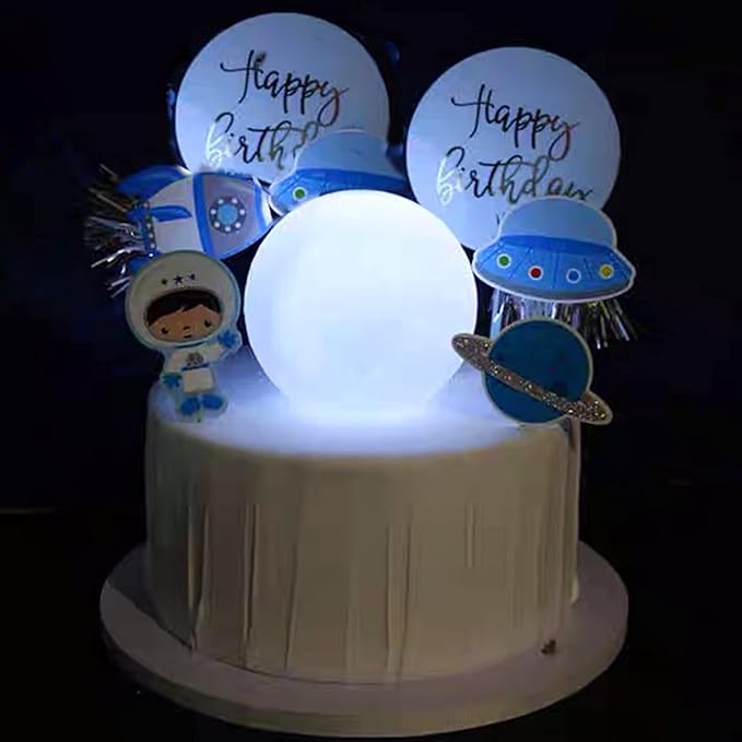 Cake Topper for Kids Astronaut Space Birthday Cake Decoration, 3D Soft Light Moon Outer Space Cake Topper for Party Supply, LED Moon Planet Birthday Cake Decoration