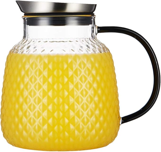 Purefold 40 ounces “Pineapple Series” Glass Pitcher with Stainless Steel Lid, Hot/Cold Water jug for Coffee, Lemonade, Iced Sun Tea,Beverage, Milk