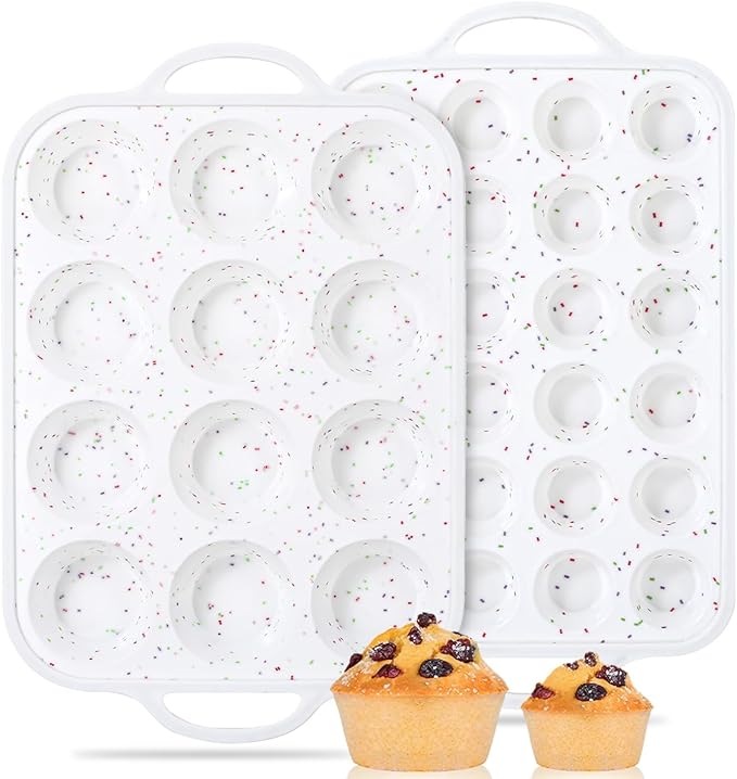 CAKETIME 12 Cups & 24 Cups Silicone Muffin Pan with Metal Frame, Regular & Mini Muffin Pan Set for Baking 2 Pack